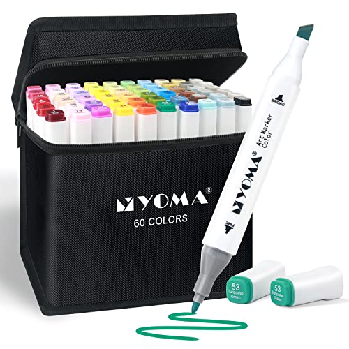 Y YOMA 60 Colors Alcohol Markers Dual Tip Markers Art Markers Set, Unique Colors (1 Marker Case) Alcohol-based Ink, Fine & Chisel, White Penholder