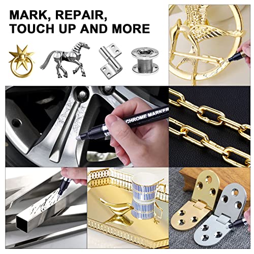 6Pcs Liquid Mirror Chrome Markers, Silver & Gold Oil-based Permanent Chrome Mirror Paint Pens for Model Painting, Repairing, Marking or DIY Art Projects, Waterproof Reflective Gloss Metallic Markers