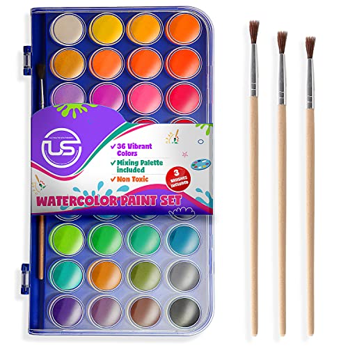 Watercolor Paint Set, 36 Colors of Washable Watercolor Paint Includes Watercolor Palette and 3 Paint Brushes. Great Water Color kids paint
