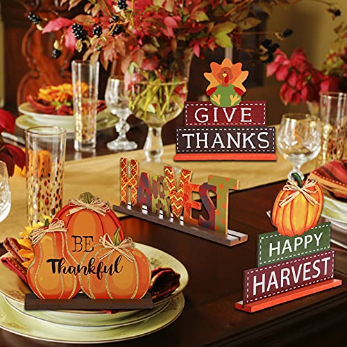 MorTime 4 Pack Thanksgiving Themed Table Centerpiece Signs, Wood Pumpkin Table Decor Harvest Autumn Glittery Pumpkins Table Topper for Home Office Thanksgiving Decorations