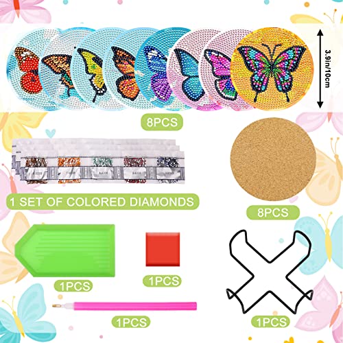 UPINS 8Pcs Diamond Painting Coasters for Drinks DIY Life Coaster Diamond Art Kits for Adults Kids Beginners Diamond Art Craft Supplies (Butterfly)