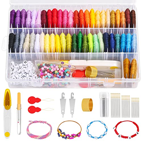 PAXCOO 488Pcs String Bracelet Making Kit, Friendship Bracelet String Kit with 50 Skeins Embroidery Floss Cross Stitch Thread, 400Pcs Friendship Bracelet Beads, 37Pcs Embroidery Tools and Storage Box