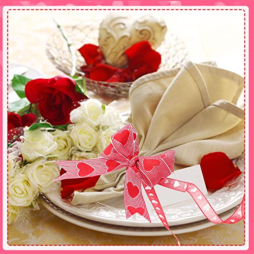 4 Rolls Valentine's Day Wired Ribbon Heart Wired Edge Ribbon Printed Heart Ribbon Polyester Wrapping Ribbon for DIY Craft Wrapping Wedding Valentine's Day Decoration, 11 Yards, 5.5 Yards
