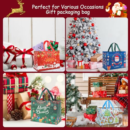 Christmas Gift Bags,12 PCS Large Reusable Christmas Tote Bags with Handles, Christmas Treat Bags, Multifunctional Non-Woven Christmas Bags for Gifts Wrapping, Shopping, Xmas, Party Favor Bags, 12.8" x 9.8" x 6.7"