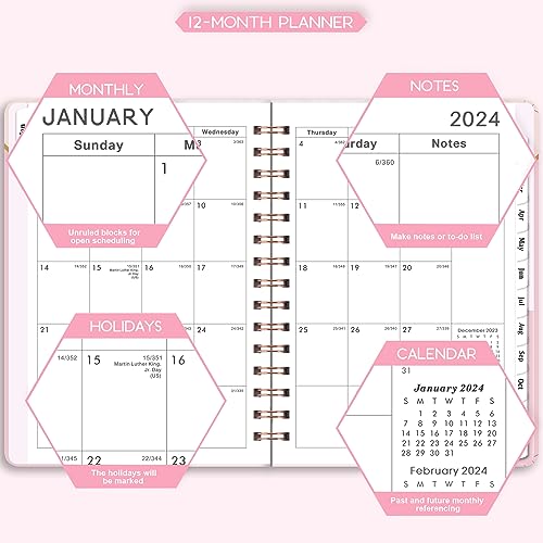 2024 Planner - January 2024 - December 2024, Planner 2024, 6.3" x 8.4", 2024 Weekly and Monthly Planner with Marked Tabs, Hardcover with Thick Paper + Contacts + Calendar + Holidays, Twin-Wire Binding - Pink Marble