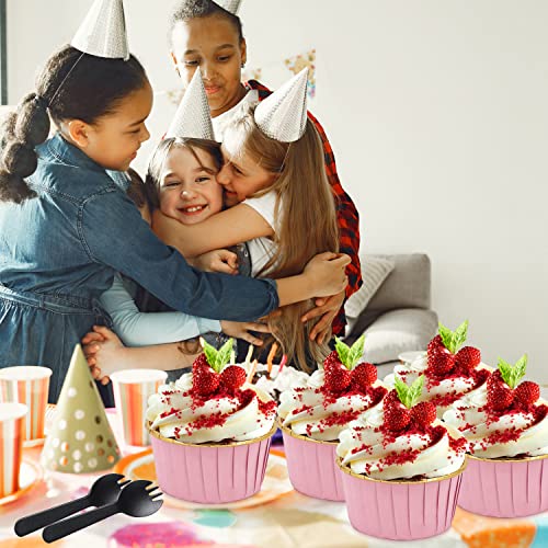 Cupcake Liners And Wrapers With Lids 50 Pack,LNYZQUS 5.5 Oz Large Foil Muffin Tins Or Liners,Disposable Baking Cups, Cupcake Wrappers Holders For Wedding Valentine-Pink in gold