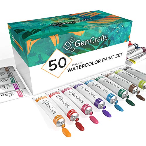 GenCrafts Watercolor Paint 50 Colors Set 12ml/ 0.4oz. - Quality Non Toxic Pigment Paints for Canvas, Fabric, Crafts, and More