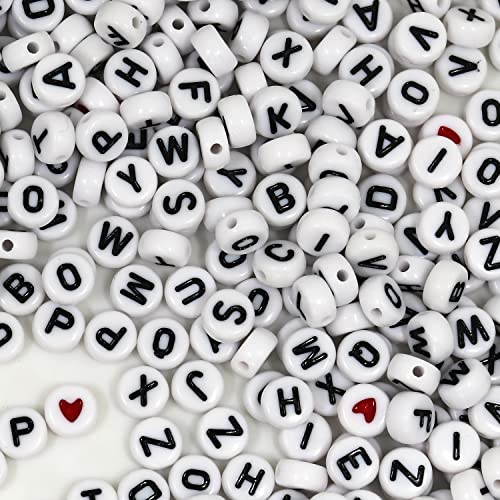 WangLaap 1450Pcs Letter Beads, Acrylic 4x7mm Round Letter Beads Kits, Alphabet Beads A-Z and Red Heart Black Star Beads for Bracelets Necklaces DIY Jewelry Making (White)