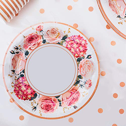 hapray Floral Party Supplies, (Serves 24) Rose Flower Disposable Paper Plates Cups Napkin, Knives Spoons Forks, Tableware Sets for Baby Shower Birthday Bridal Shower Tea Mothers Day Decorations