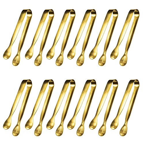 JCREN 12 Pcs Serving Tongs, Small Serving Utensils for Parties Catering Gold Tongs, Food-Grade 304 Stainless Steel Mini Serving Tongs Appetizer Tongs for Tea Party Coffee Bar, 4" Sugar Tongs - Gold