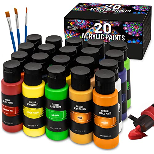 Outdoor acrylic paint set (2 fl oz)- 20 Tubes 2 with Glow in the Dark Effect - Art supplies for Adults - For multiple use- Woods, Leather, Metal & Fabric Paint & Paint for rocks Outdoor/Craft paint