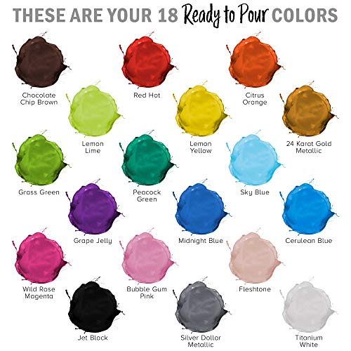 U.S. Art Supply Pouring Masters 18 Color Ready to Pour Acrylic Pouring Paint Set - Premium Pre-Mixed High Flow 2-Ounce Bottles - for Canvas, Wood, Paper, Crafts, Tile, Rocks and More
