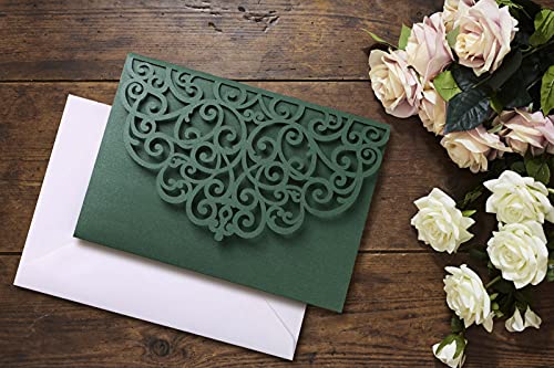 PONATIA 5.12 x 7.2 Emerald Green Invitation Cards, Trifold laser cut invitations Wedding Invitation Cards Pockets with Envelopes for Wedding Bridal Shower Engagement Birthday Sweet 16 (20PCS No Inner Sheet)