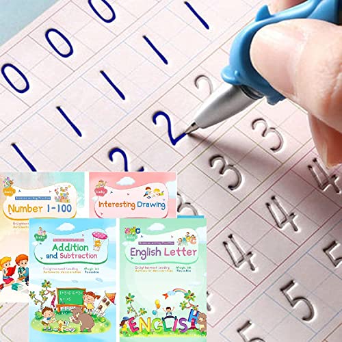 ASIGN Magic Ink Copybooks for Kids Reusable Handwriting Workbooks for Preschools Grooves Template Design and Handwriting Aid (ENLARGED-Version 4books+Pens)