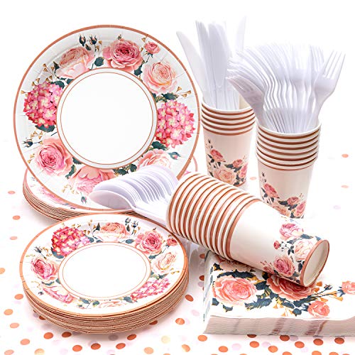 hapray Floral Party Supplies, (Serves 24) Rose Flower Disposable Paper Plates Cups Napkin, Knives Spoons Forks, Tableware Sets for Baby Shower Birthday Bridal Shower Tea Mothers Day Decorations