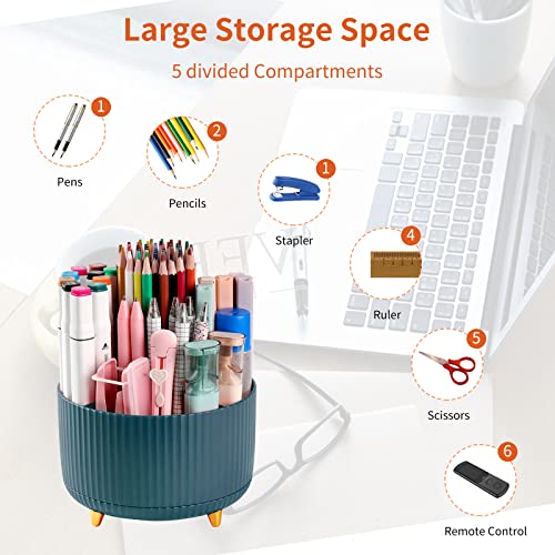 Desk Pencil Pen Holder, 5 Slots 360°Degree Rotating Pencil Pen Organizers for Desk, Desktop Storage Stationery Supplies Organizer, Cute Pencil Cup Pot for Office, School, Home, Art Supply, Dark Green