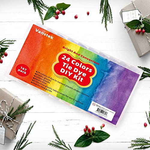 Vanstek Tie Dye Kit, 24 Colors Tie Dye Shirt DIY Fabric Dye for Women, Kids, Men, with Rubber Bands, Gloves, Plastic Film and Table Covers for Family Friends Group Party Supplies