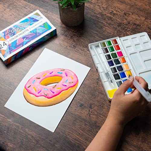 GenCrafts Watercolor Palette with Bonus Paper Pad 24 Premium Colors - 2 Refilable Water Brush Pens - 15 Sheets of Water Color Paper - Portable Painting