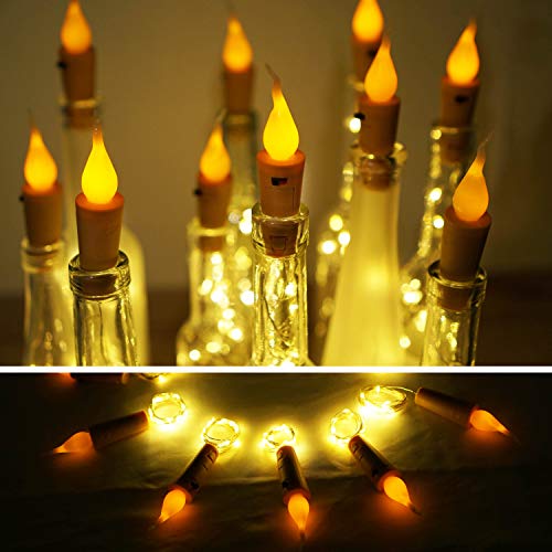 Decorman Wine Bottle Lights with Candle Flame, 10 Pack 20 LED Flameless Cork String Light Battery Operated Copper Wire Mini Fairy Starry Lights for Party Wedding Christmas Halloween