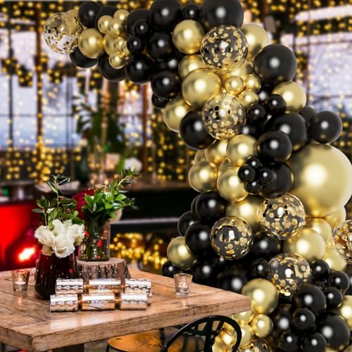 DBKL 138pcs Black and Gold Balloons Garland Arch Kit with Black Gold Confetti Balloons for New Year Decorations Birthday Graduation Baby Shower Party Decorations