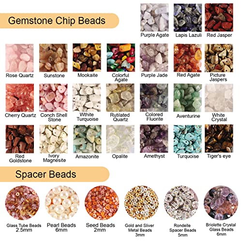 Crystal Beads for Jewelry Making, 2800PCS Natural Crystal Bead Gemstone Chip Beads for Earring Ring Making Kit with Spacer Beads Earring Hooks Pendants Charms Wire String for DIY Bracelets Beading Kit