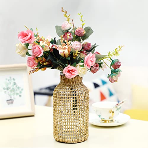 DOITOOL Boho Glass Flower Vase with Rattan Cover, Farmhouse Flower Bud Vase, Round Decorative Flower Vase Floral Container Flower Bottle for Floral Arrangements Housewarming Party Home Decor (L)