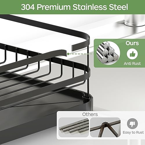 ROTTOGOON Dish Drying Rack, Stainless Steel Rustproof Dish Rack for Kitchen Counter, Durable Dish Drainer with Drainboard, Drainage, Utensil Holder for Various Kitchenware, 16.9"(L) x 12.2"(W), Black
