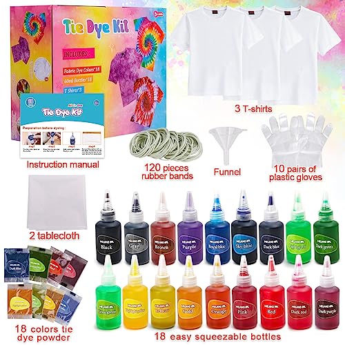 Meland Tie Dye Kit with 3 White T-Shirts, 18 Colors DIY Fabric Tye Dye for Clothes, Arts and Craft for Kids Girls Age 8-12 Year Old, Birthday Christmas Gift for Girls 4,5,6,7,8,9,10,11,12 Year Old