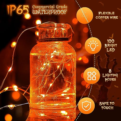 Ｗoohaha Solar Halloween Lights Outdoor,2 Pack Each 33Ft 100LED Orange Halloween Lights,Copper Wire Solar Powered Fairy String Lights 8 Modes for Garden,Tree,Thanksgiving,Christmas,Parties,Home Decor