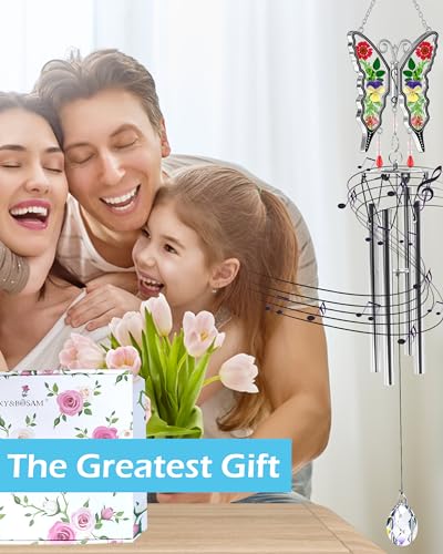 KY&BOSAM Wind Chimes Butterfly Wind Chimes for Outside Real Flower Outdoor Windchimes Gifts for mom Grandma Birthday Nana Gifts Garden Balcony Home Décor Wind Chimes with S Hook Memorial Wind Chimes