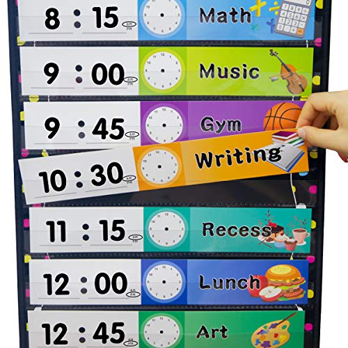 Daily Schedule Pocket Chart Educational Pocket Chart for Classroom Office Home Teachers Preschool Activity Supplies 15 Pockets 14 Double-Sided Reusable Dry-Eraser Card 13 x 37 Inches