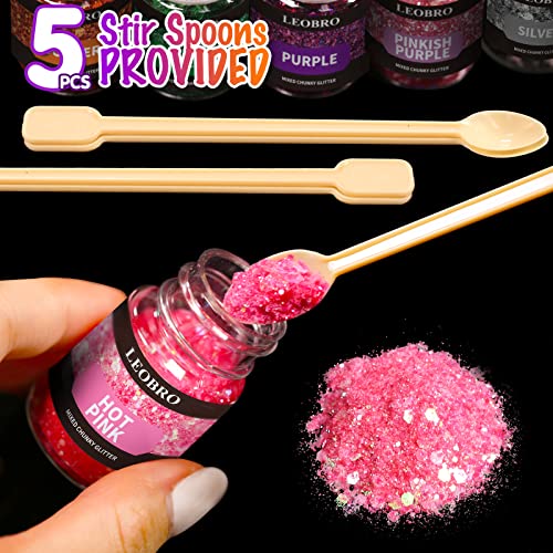 LEOBRO Holographic Chunky Glitter, 15 Colors Craft Glitter for Resin, with 5PCS Mixing Spoon, Cosmetic Glitter for Nail Body Eye Face, Resin Glitter Flakes Sequins for Tumbler Jewelry Crafts Making