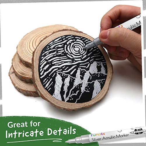 Funcils 5 Acrylic Silver Paint Pen - Silver Marker Metallic Paint Pens for Fabric, Wood, Canvas, Leaf, Metal, Glass - Silver Paint Pen Fine Tip, Thin Point & Jumbo (1mm, 3mm, 6mm, 10mm, 15mm)