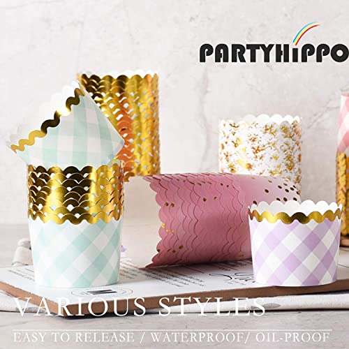 Party Hippo Cupcake Cups, 4.5 Oz 25 pcs Disposable Foil Muffin Liners, Gold Cupcake Baking Cups, Baking Cups (Gold Dots Pink)