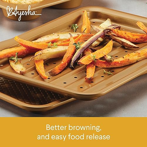 Ayesha Curry Nonstick Bakeware Toaster Oven Set with Nonstick Baking Pan, Cookie Sheet / Baking Sheet and Muffin Pan / Cupcake Pan - 4 Piece, Copper Brown