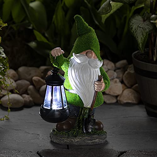 VP Home Earnest Flocked Garden Gnome with Lantern Solar Powered LED Outdoor Decor Light Great Addition for Your Garden Solar Powered Light Garden Gnome Christmas Decorations Gifts