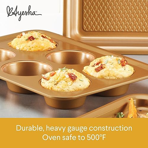 Ayesha Curry Nonstick Bakeware Toaster Oven Set with Nonstick Baking Pan, Cookie Sheet / Baking Sheet and Muffin Pan / Cupcake Pan - 4 Piece, Copper Brown