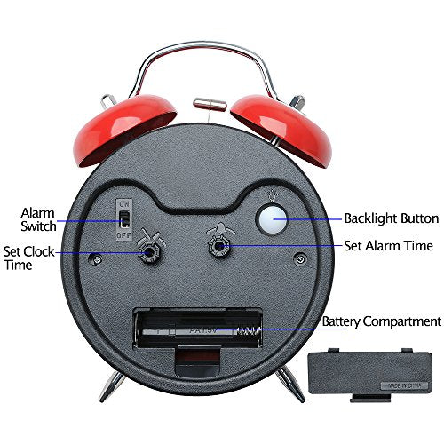 Peakeep 4 Inches Twin Bell Loud Alarm Clock for Heavy Sleerpers, Backlight, Battery Operated Old Fashioned Alarm Clock for Bedrooms (Red)