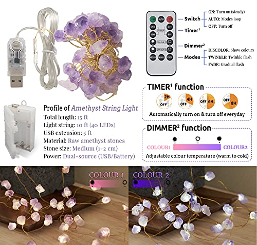 MIYA LIFE Natural Amethyst Raw Stones USB/Battery Powered 10FT 40 LEDs with Remote/Timer for Meditation Wedding Valentine's Day Present Bedroom Christmas Party Birthday Ornament