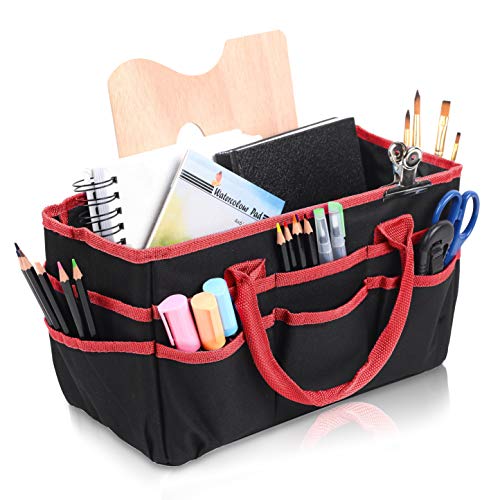 JJRING Craft and Art Organizer Tote Bag - 600D Red Nylon Fabric Art Caddy with Pockets - for Art, Craft, Sewing, Medical, and Office Supplies Storage