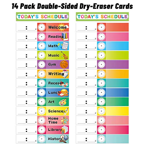 Daily Schedule Pocket Chart Educational Pocket Chart for Classroom Office Home Teachers Preschool Activity Supplies 15 Pockets 14 Double-Sided Reusable Dry-Eraser Card 13 x 37 Inches