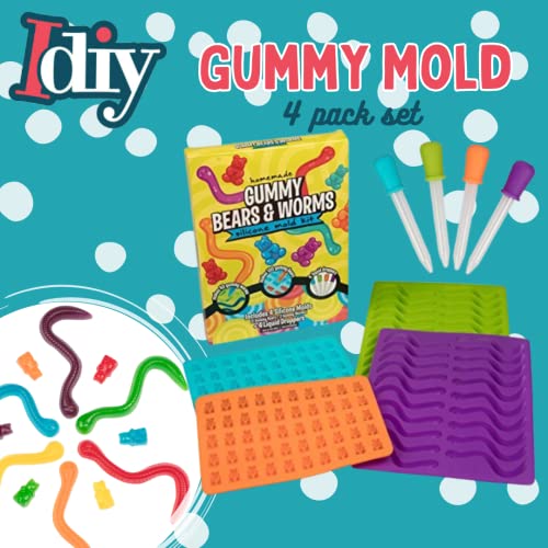 Gummy Bear and Worm Gummy Candy Molds, 4 Pack Set - XL Nonstick Trays with 2 Droppers for Chocolate, Ice Cubes and More - Makes 140 Candies - Non-Stick Trays, Holiday Gift for Kids