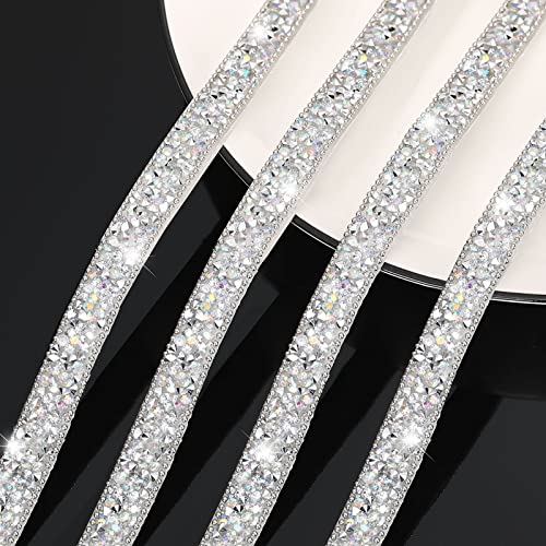 3 Yards Resin Rhinestone Ribbons Self Adhesive Diamond Ribbon Crystal Roll Glitter Bling for DIY Art Crafts (Silver AB Color, 0.4 Inch)