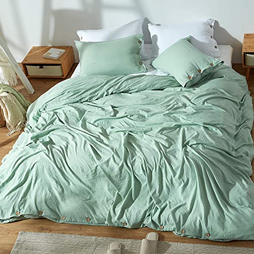 NexHome Light Green Duvet Cover Sets Queen Size 3 Piece Double Brushed Microfiber Queen Duvet Cover with Button Closure & Corner Tie 1 Breathable and Soft Duvet Cover 90x90 inches + 2 Pillow Shams