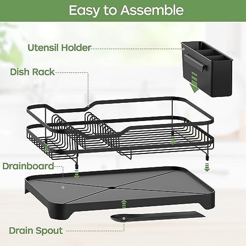 ROTTOGOON Dish Drying Rack, Stainless Steel Rustproof Dish Rack for Kitchen Counter, Durable Dish Drainer with Drainboard, Drainage, Utensil Holder for Various Kitchenware, 16.9"(L) x 12.2"(W), Black