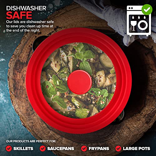 Modern Innovations Universal Lids (Set of 2) Fits 7 to 12-Inch Cookware, Silicone Replacement Pan Lid, Glass Top Covers for Skillets, Pots, Frying Pans, Cast Iron - Red