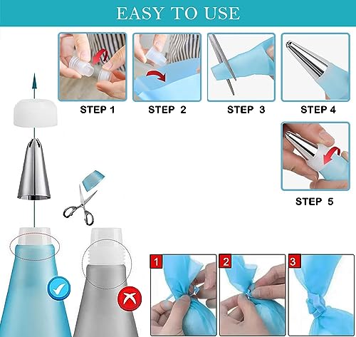 Piping Bags and Tips Set, Reusable Cake Decorating Supplies with 2 Reusable Bags, 12 Icing Tips, 2 Silicone Rings, 2 Couplers and 3 Scrapers, Cake Baking Tools for Cookie Icing Cakes Cupcakes