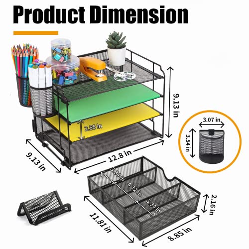 DALTACK 4-Trays Desktop File Organizer with Pen Holder, Letter Tray Paper Organizer with Drawer and Pen Holders, Black Mesh Office Supplies File Holder, Desk Organizer for Office School Home