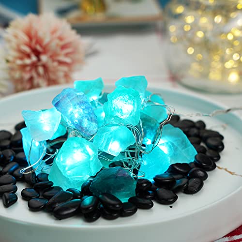 BOHON Natural Fluorite String Lights Battery Operated with Remote Sea Glass Raw Stones Decorative Lights 6.5ft 20 LEDs String Lights for Bedroom Party Indoor Christmas Wedding Decor