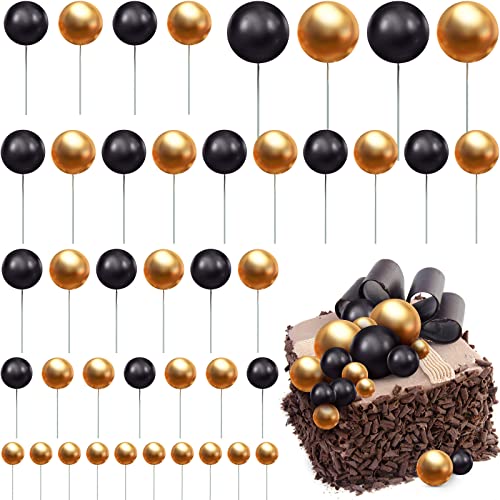 66 Pieces Mini Balloon Cake Topper Cake Decorations Balls Faux Pearl Balls Cake Picks DIY Cake Insert Topper Baking Decoration for Anniversary Graduation Birthday Party Baby Shower (Gold, Black)